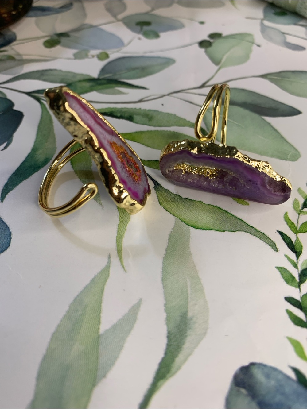 2 Purple Agate Geode Rings with Adjustable Gold Tone Metal